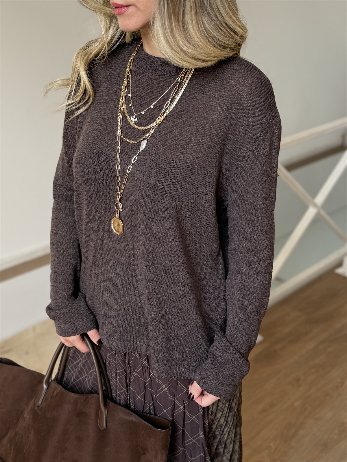 Dekoratif Bisiklet Yaka Merserize Triko - Kahverengi