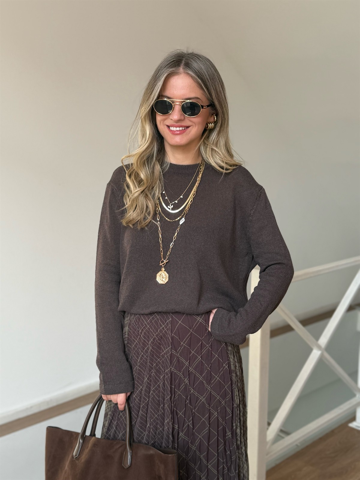 Dekoratif Bisiklet Yaka Merserize Triko - Kahverengi