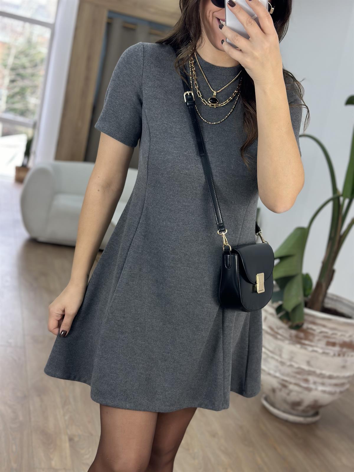 Dekoratif Bisiklet Yaka Mini Elbise - Gri