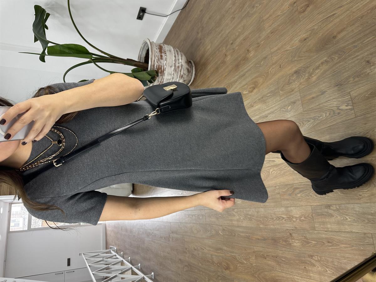 Dekoratif Bisiklet Yaka Mini Elbise - Gri