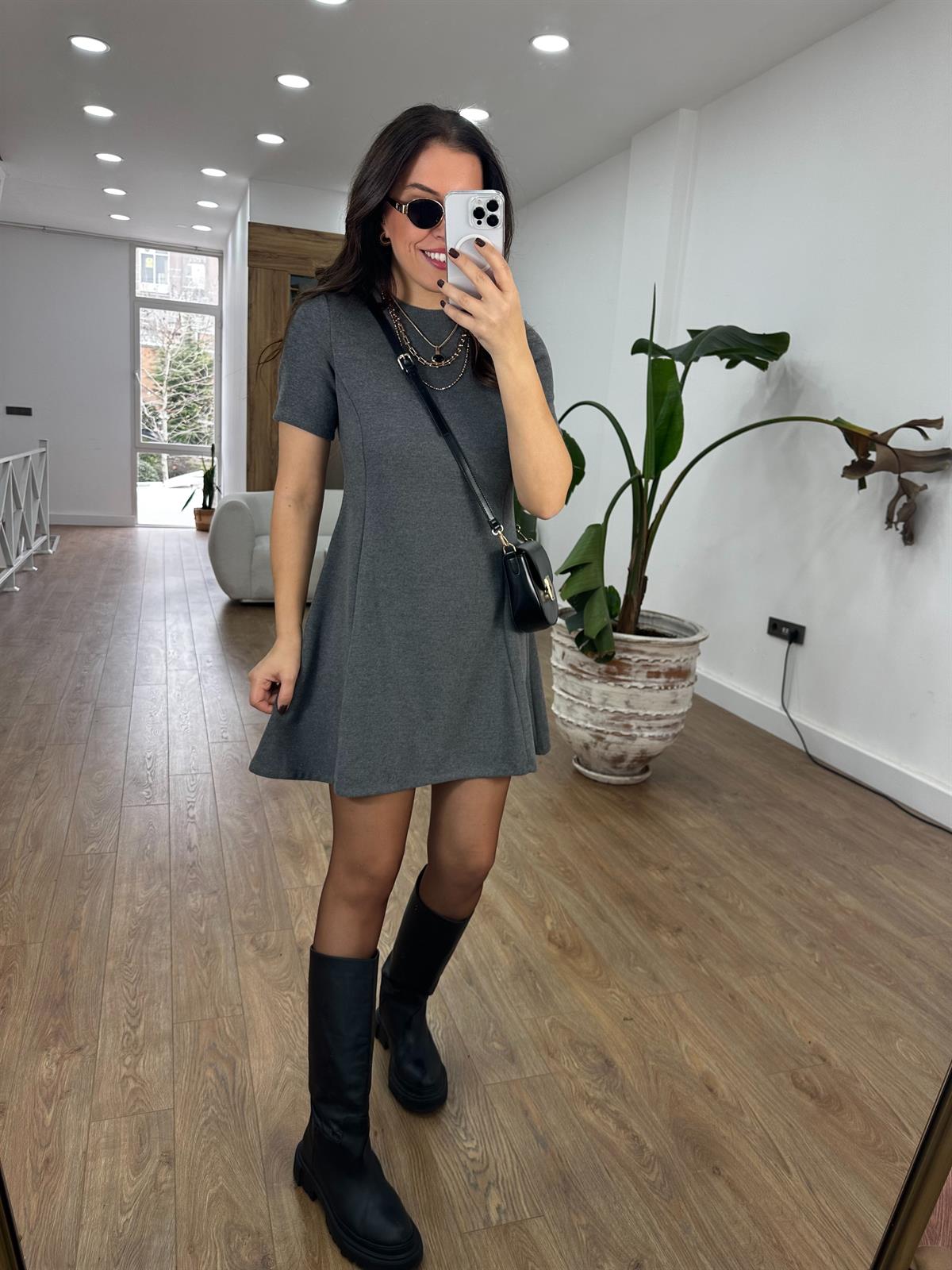 Dekoratif Bisiklet Yaka Mini Elbise - Gri