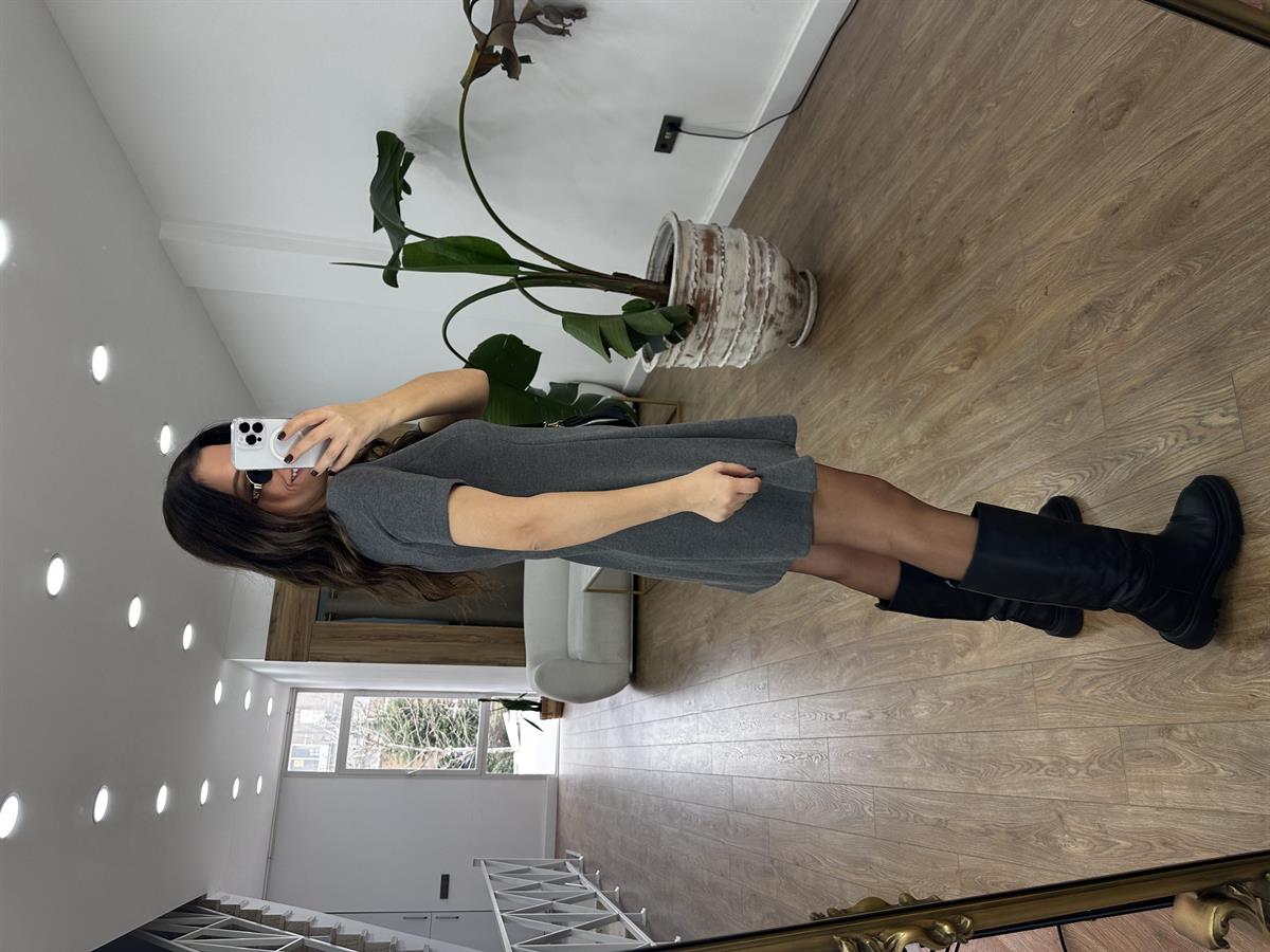 Dekoratif Bisiklet Yaka Mini Elbise - Gri