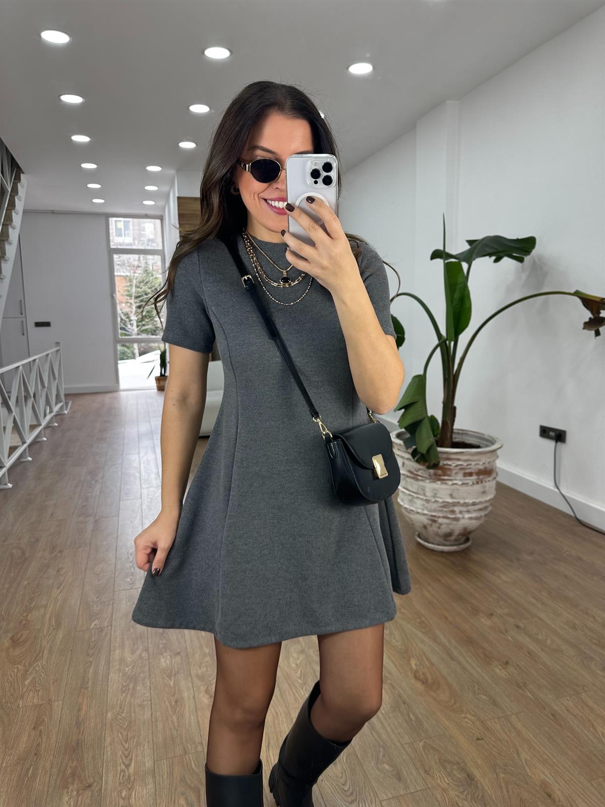 Dekoratif Bisiklet Yaka Mini Elbise - Gri