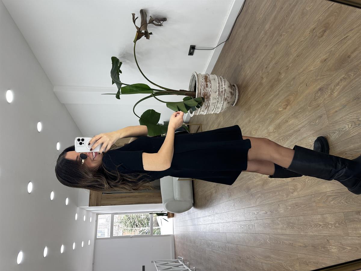 Dekoratif Bisiklet Yaka Mini Elbise - Siyah