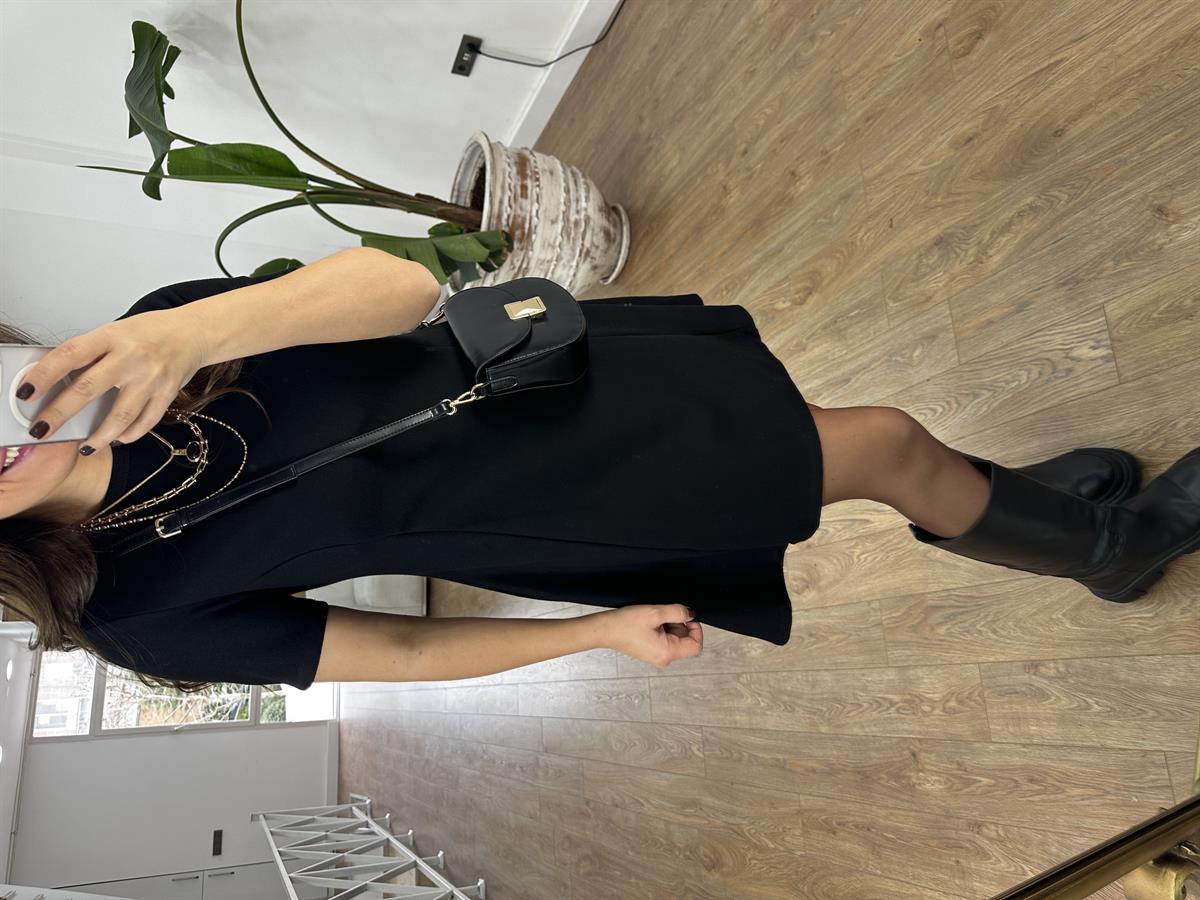 Dekoratif Bisiklet Yaka Mini Elbise - Siyah