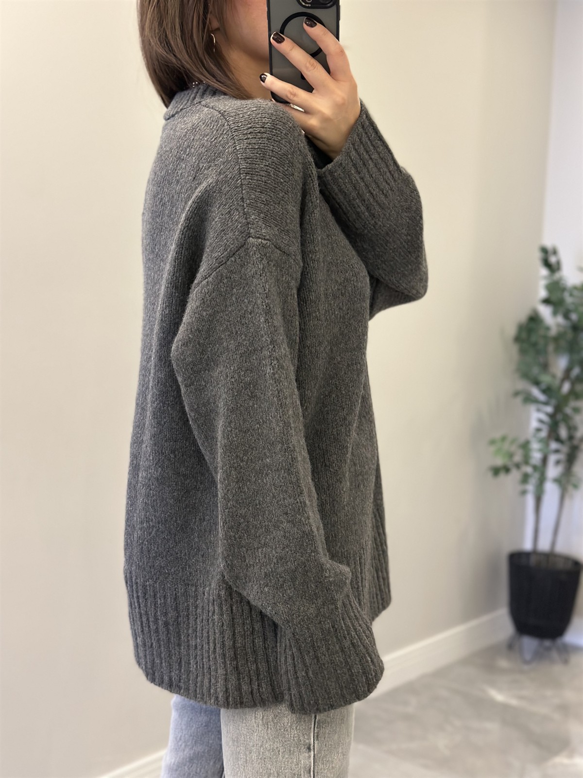 Dekoratif Detaylı Basic Triko Kazak - Antrasit