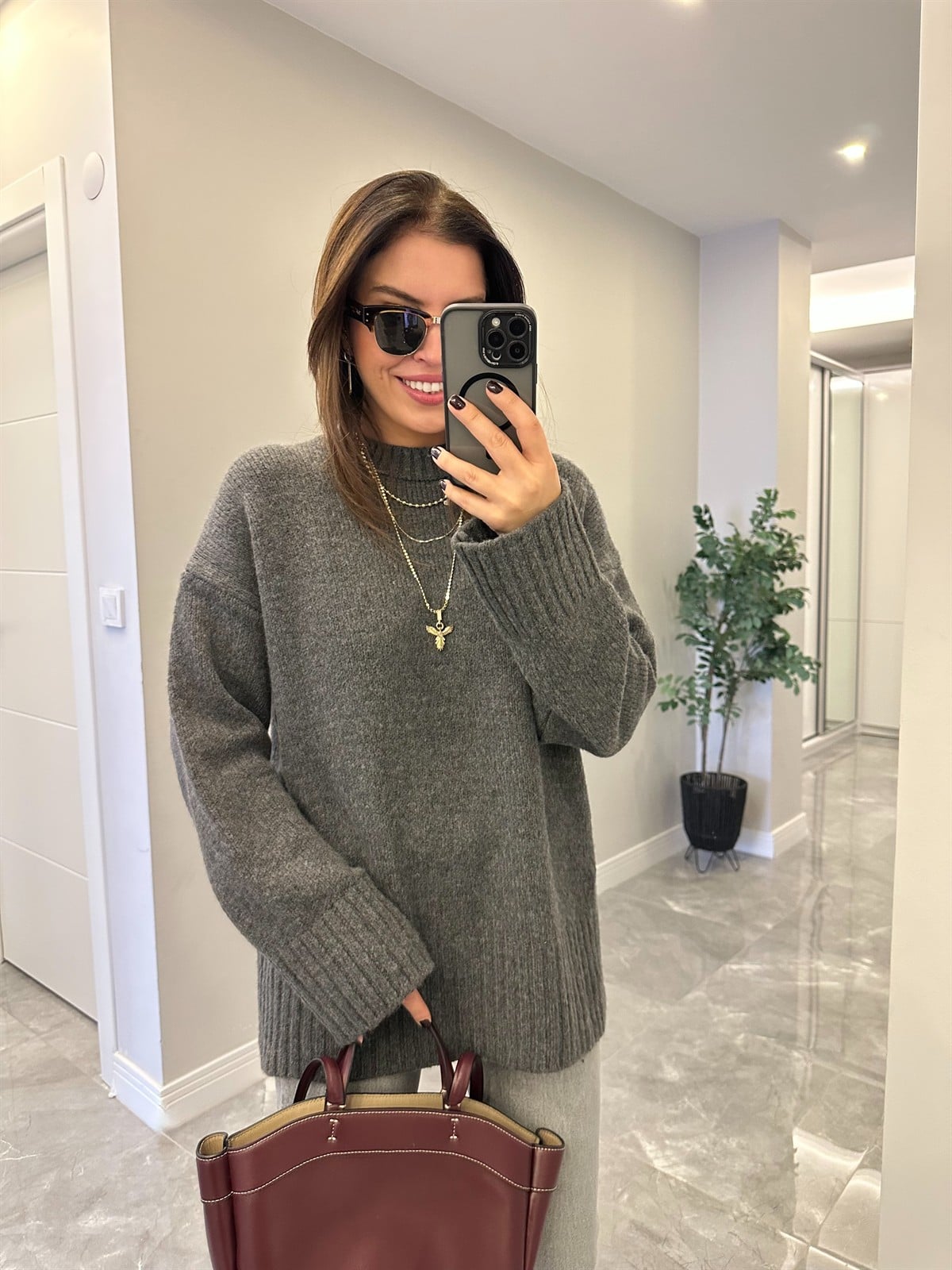 Dekoratif Detaylı Basic Triko Kazak - Antrasit