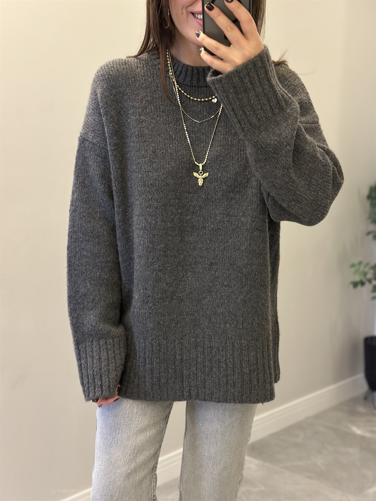 Dekoratif Detaylı Basic Triko Kazak - Antrasit