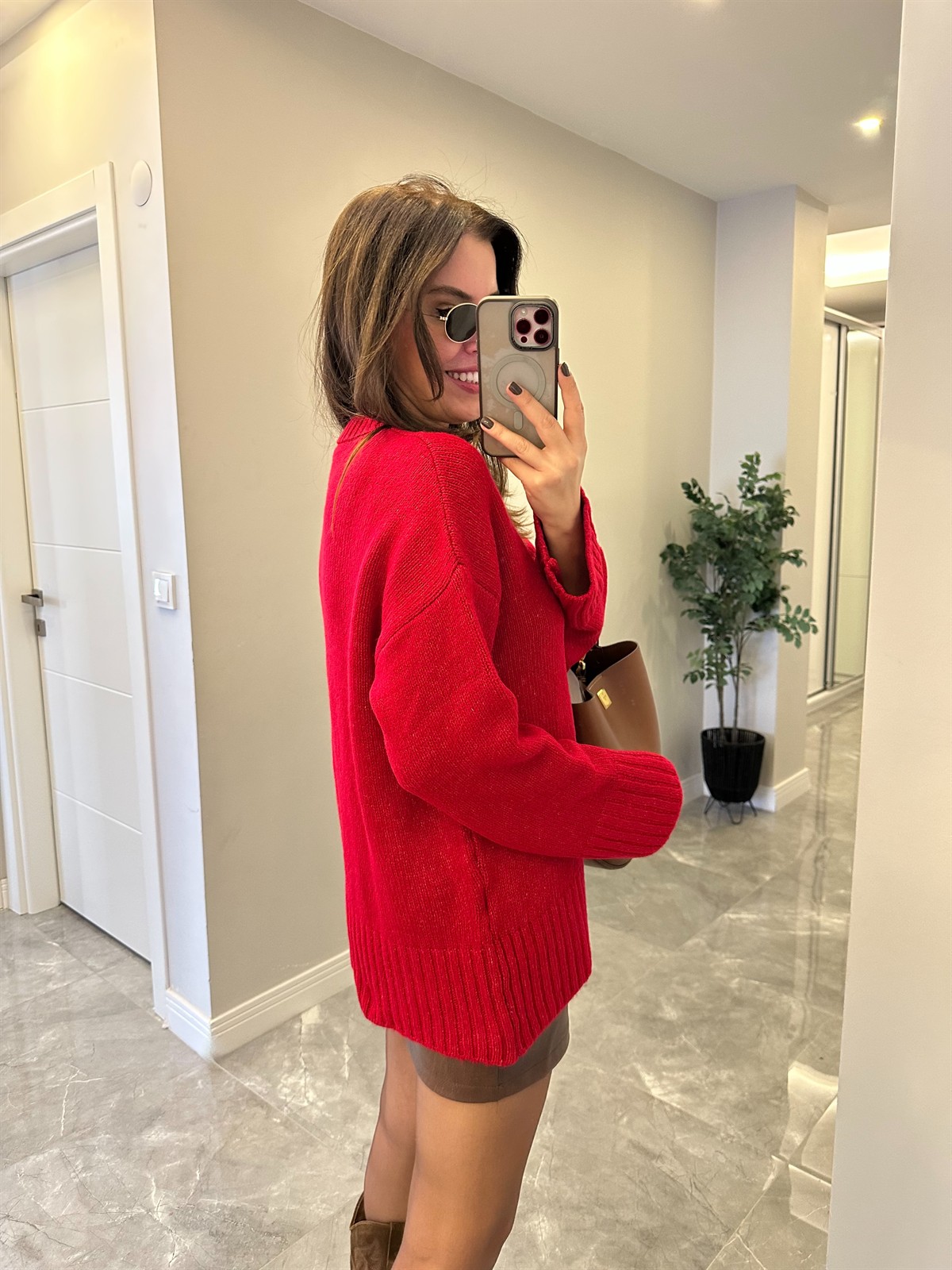 Dekoratif Detaylı Basic Triko Kazak - Kırmızı 