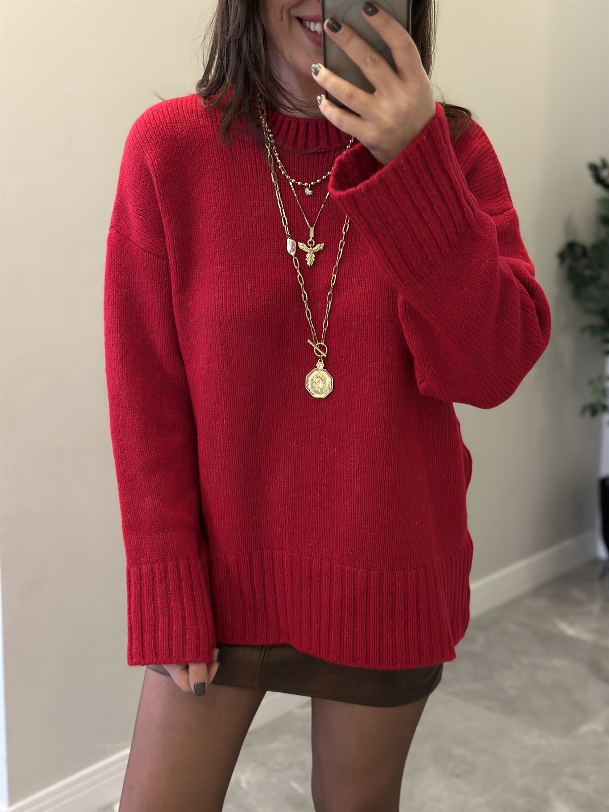 Dekoratif Detaylı Basic Triko Kazak - Kırmızı 