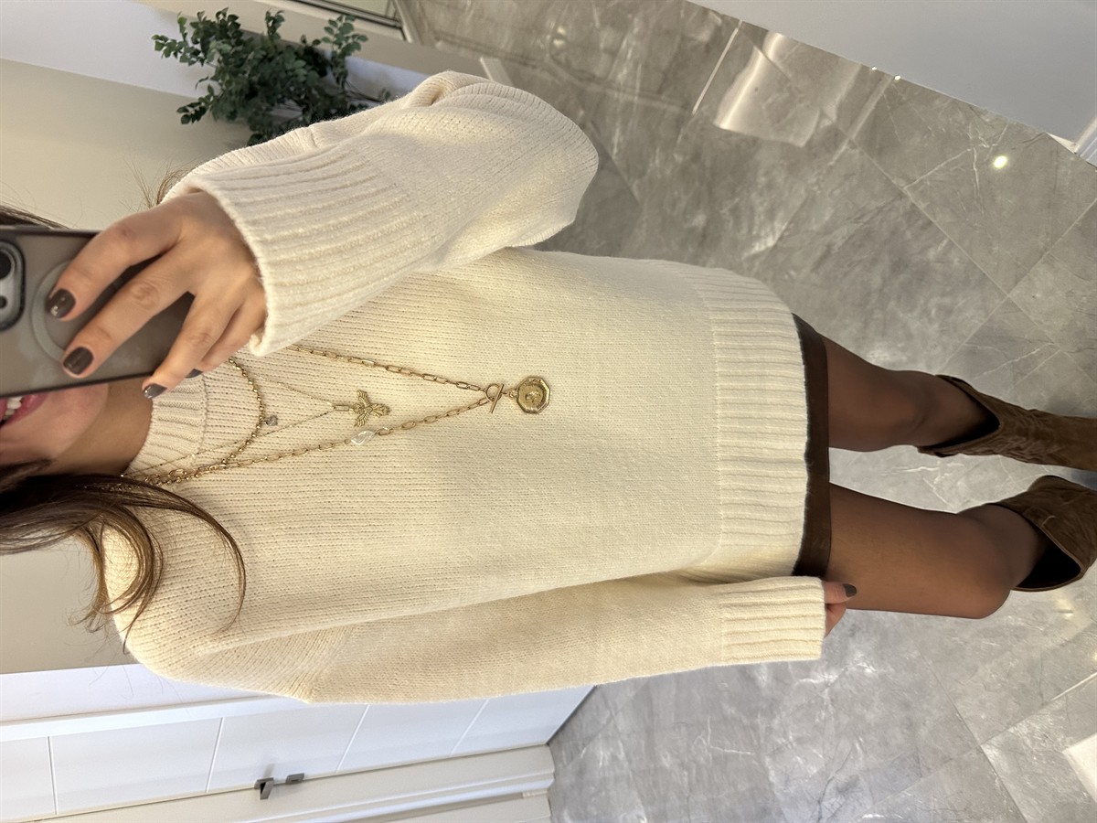 Dekoratif Detaylı Basic Triko Kazak - Krem