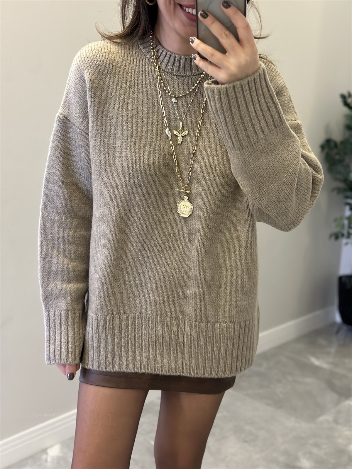 Dekoratif Detaylı Basic Triko Kazak - Vizon