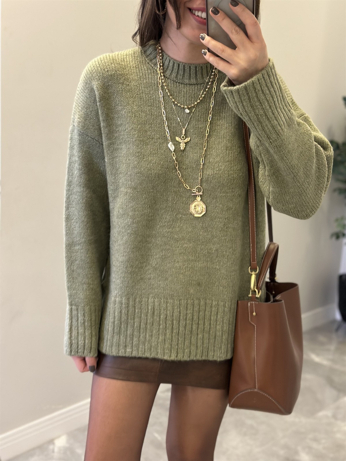 Dekoratif Detaylı Basic Triko Kazak - Yeşil