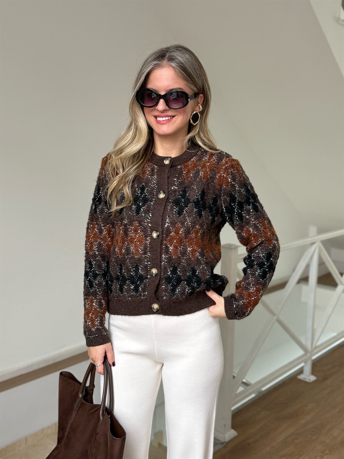 Dekoratif Yaka Baklava Desen Hırka - Kahve/Siyah