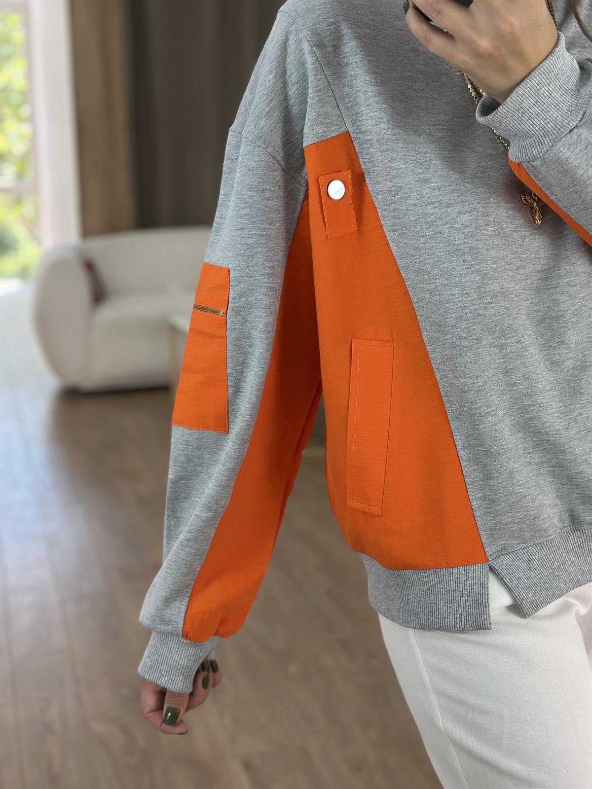 Dekoratif Yaka Garnili Sweatshirt - Turuncu