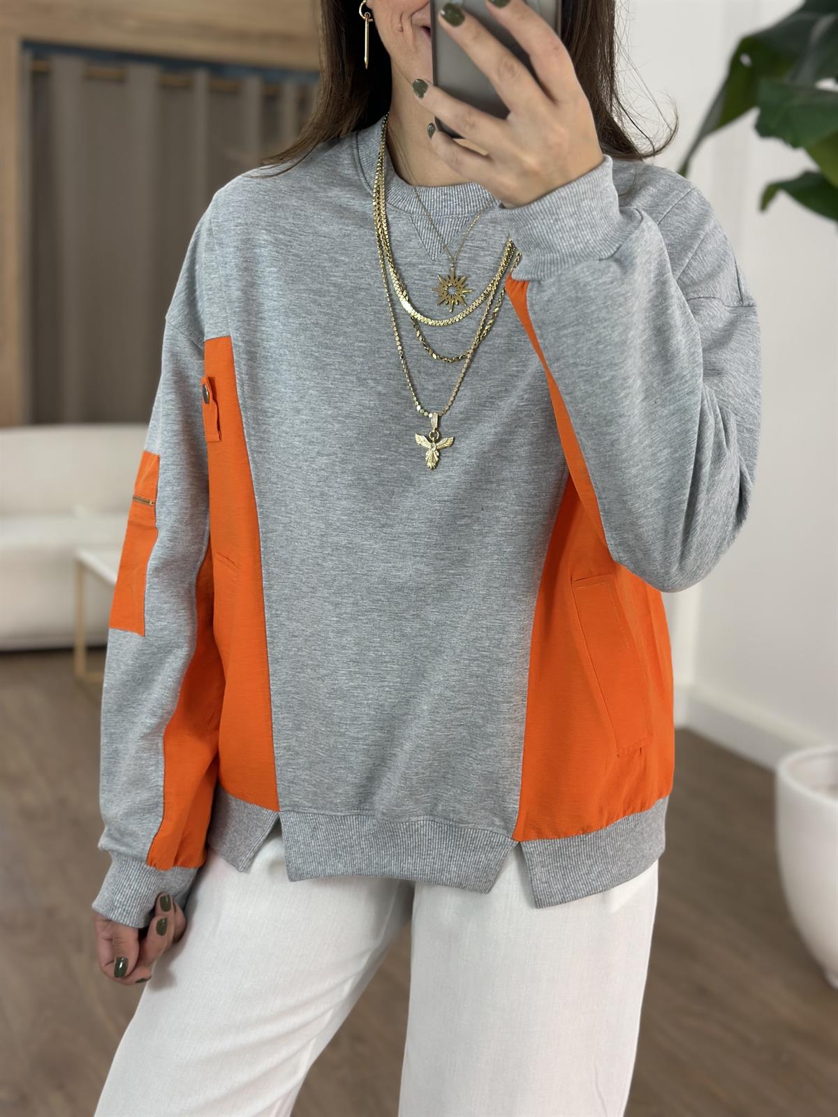 Dekoratif Yaka Garnili Sweatshirt - Turuncu