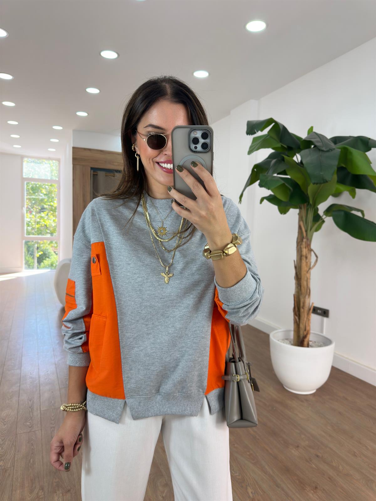 Dekoratif Yaka Garnili Sweatshirt - Turuncu