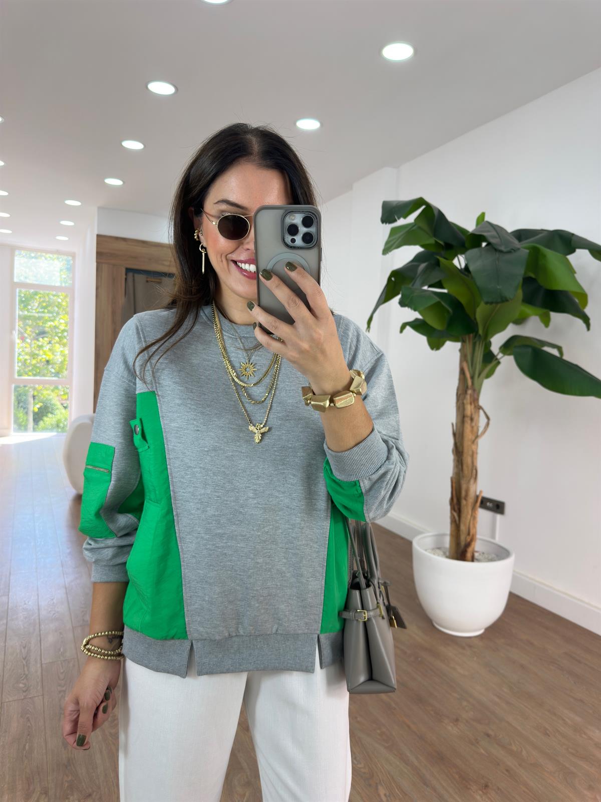 Dekoratif Yaka Garnili Sweatshirt - Yeşil