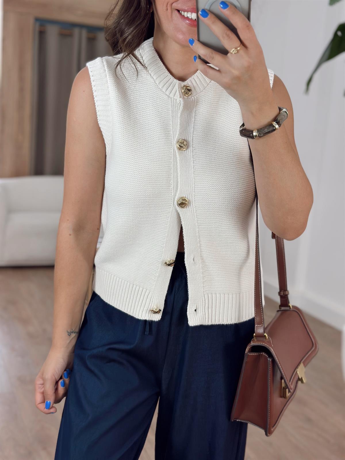 Dekoratif Yaka Gold Düğmeli Yelek - Ekru