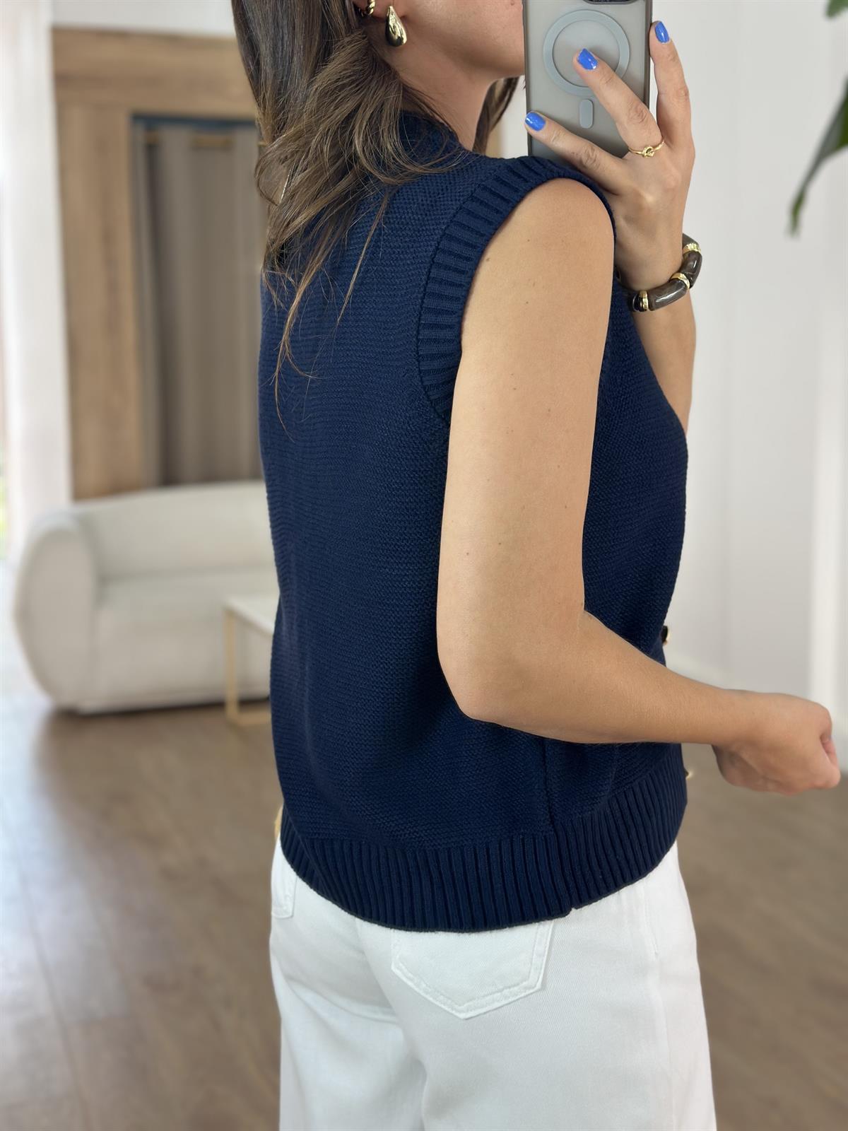 Dekoratif Yaka Gold Düğmeli Yelek - Lacivert