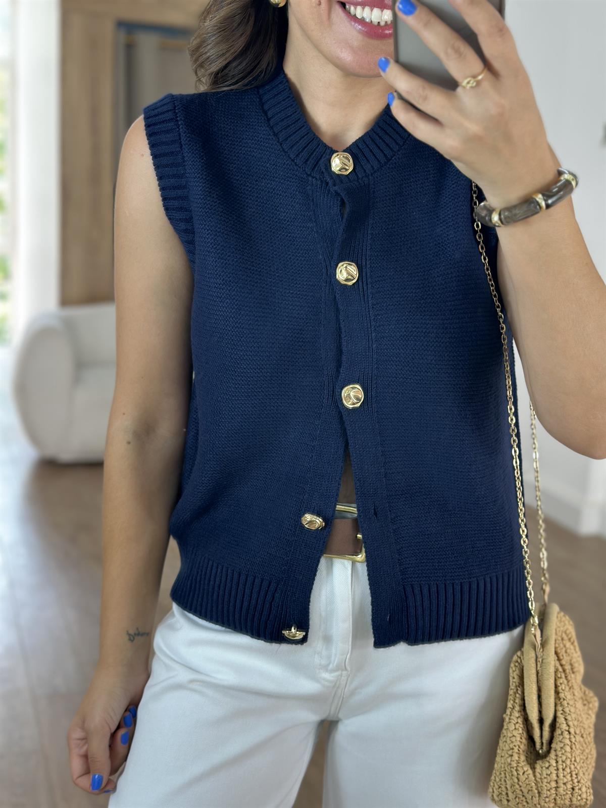 Dekoratif Yaka Gold Düğmeli Yelek - Lacivert