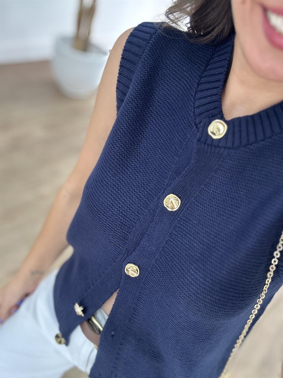 Dekoratif Yaka Gold Düğmeli Yelek - Lacivert