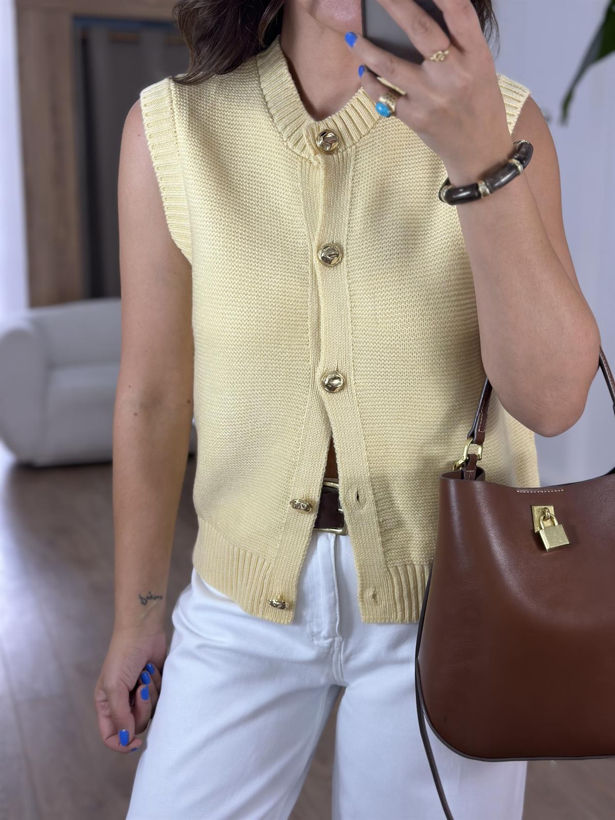 Dekoratif Yaka Gold Düğmeli Yelek - Sarı