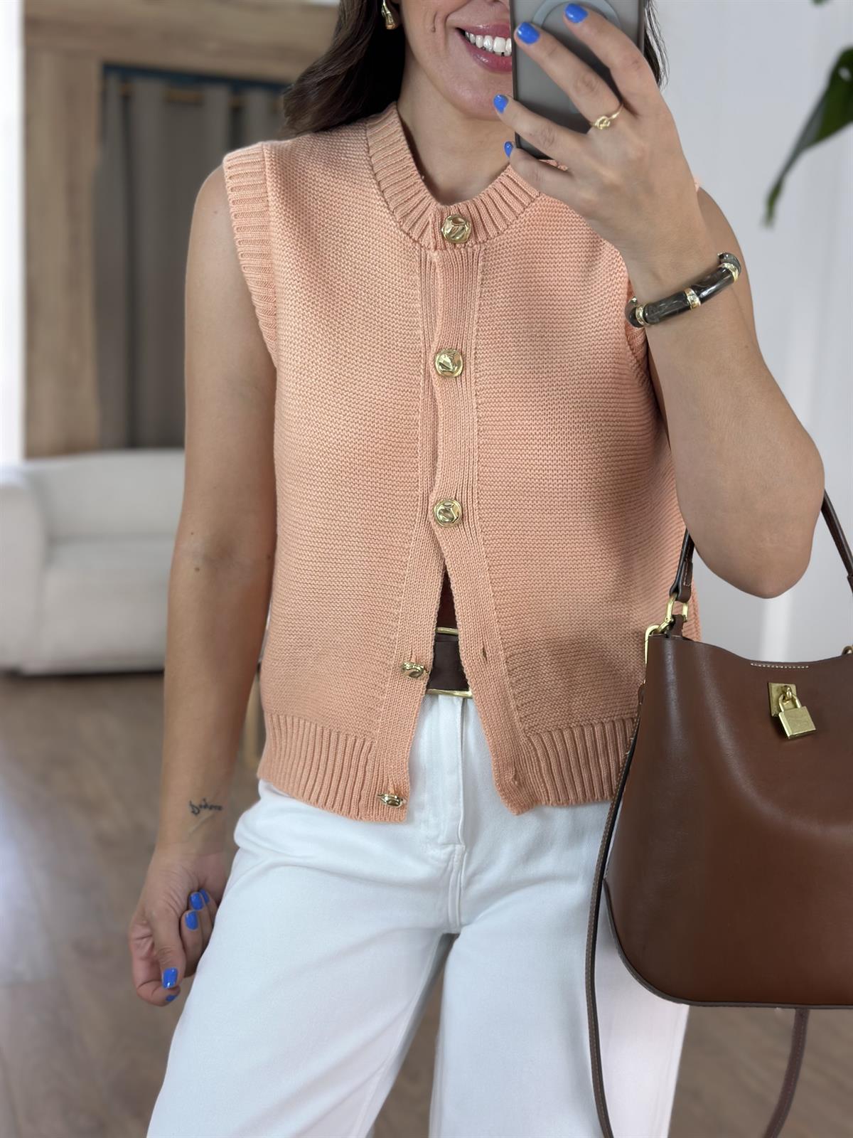 Dekoratif Yaka Gold Düğmeli Yelek - Somon 