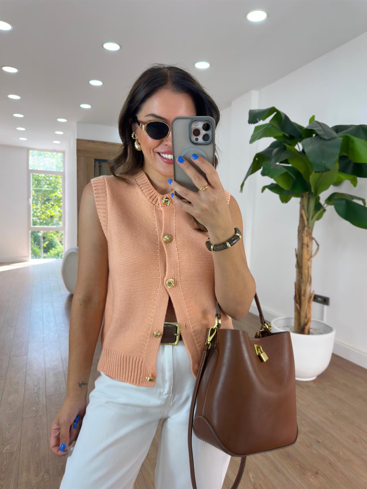 Dekoratif Yaka Gold Düğmeli Yelek - Somon 