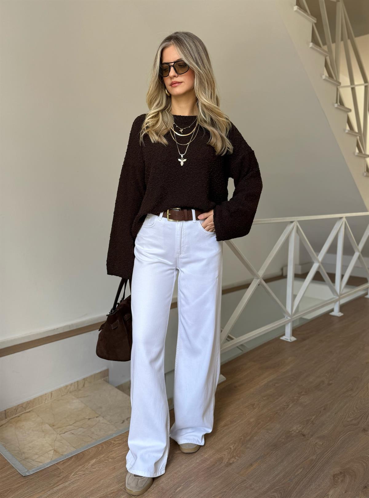 Dekoratif Yaka Kendinden Dokulu Triko - Acı Kahve  