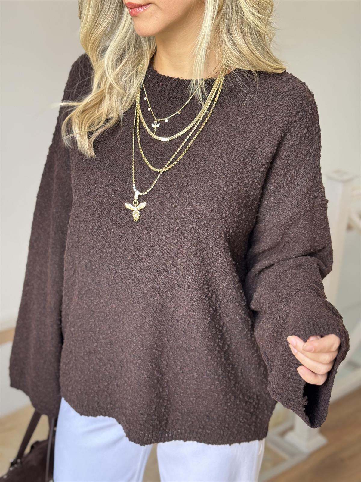 Dekoratif Yaka Kendinden Dokulu Triko - Acı Kahve  