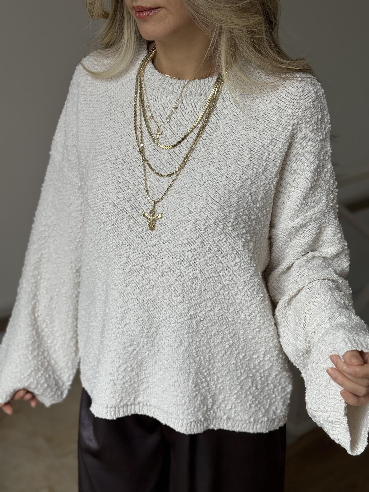 Dekoratif Yaka Kendinden Dokulu Triko - Ekru 