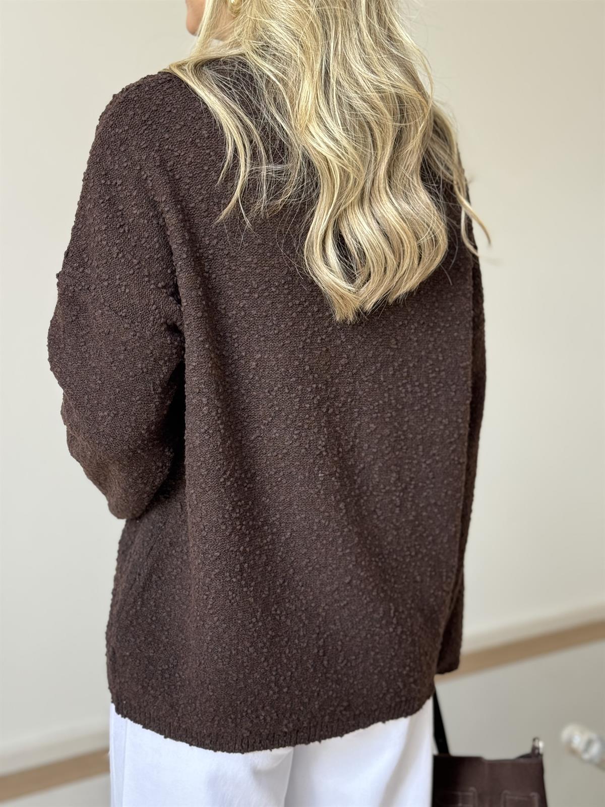 Dekoratif Yaka Kendinden Dokulu Triko - Acı Kahve  