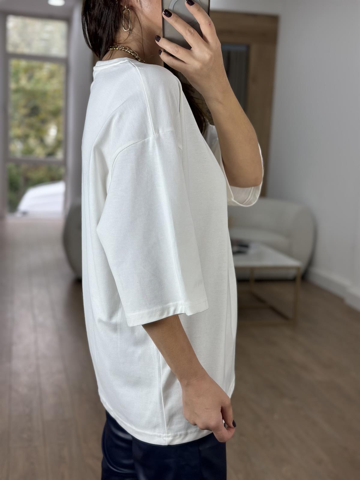 Dekoratif Yaka Oversize Basic Tshirt - Ekru