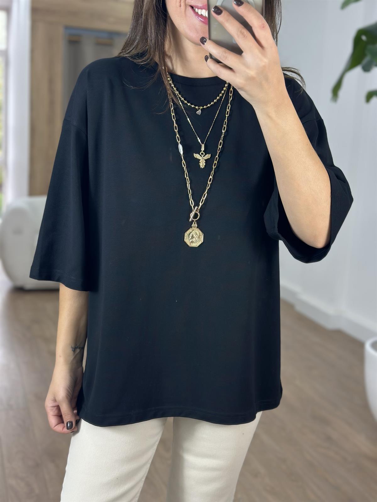 Dekoratif Yaka Oversize Basic Tshirt - Siyah