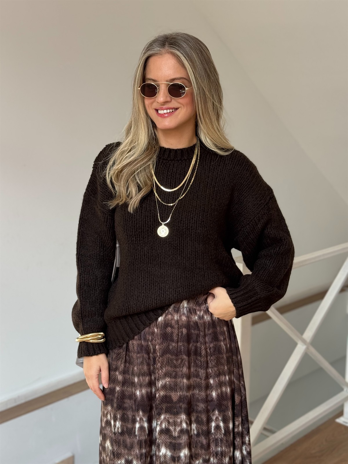 Dekoratif Yaka Oversize Kazak - Acı Kahve 