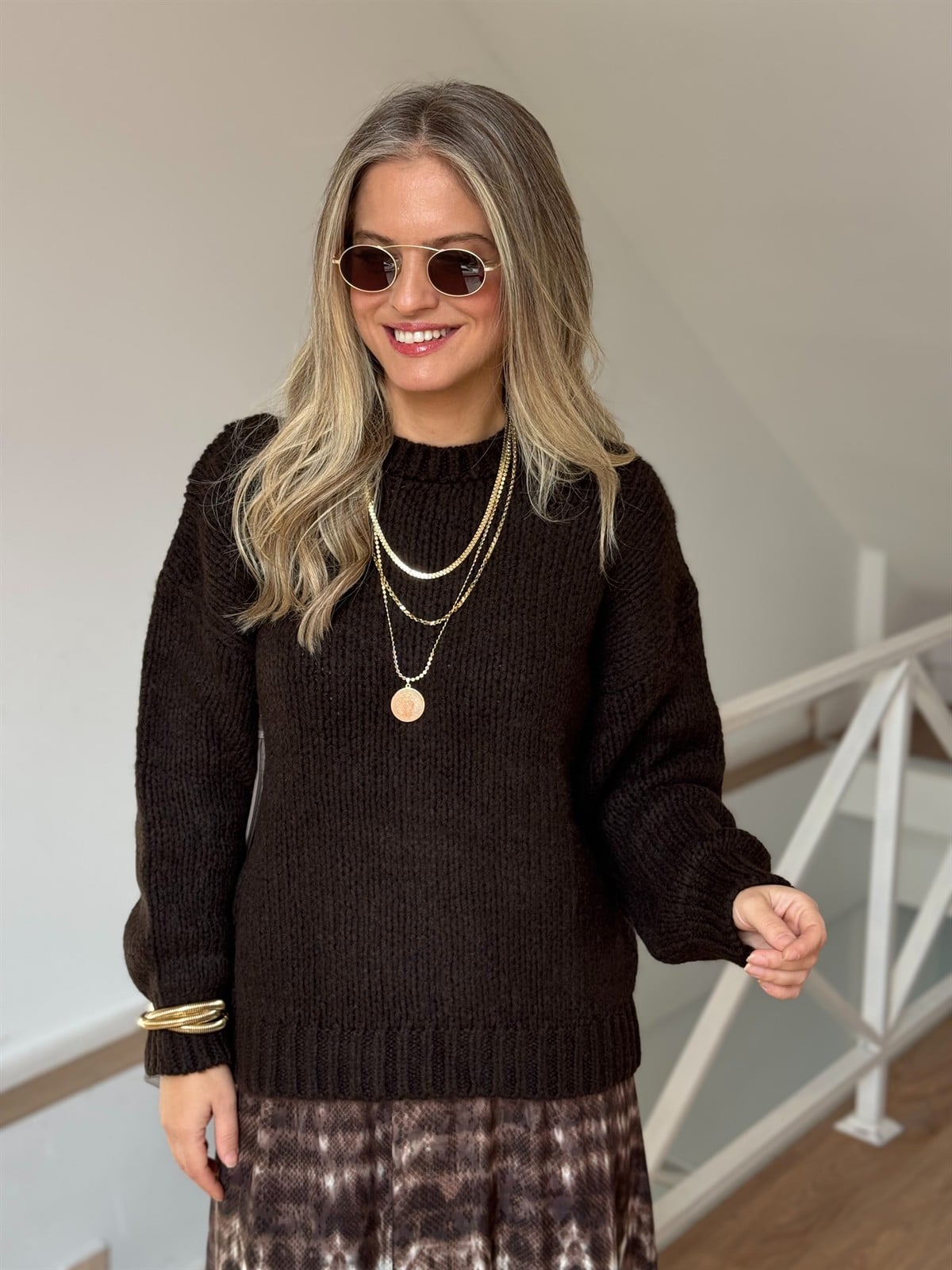 Dekoratif Yaka Oversize Kazak - Acı Kahve 