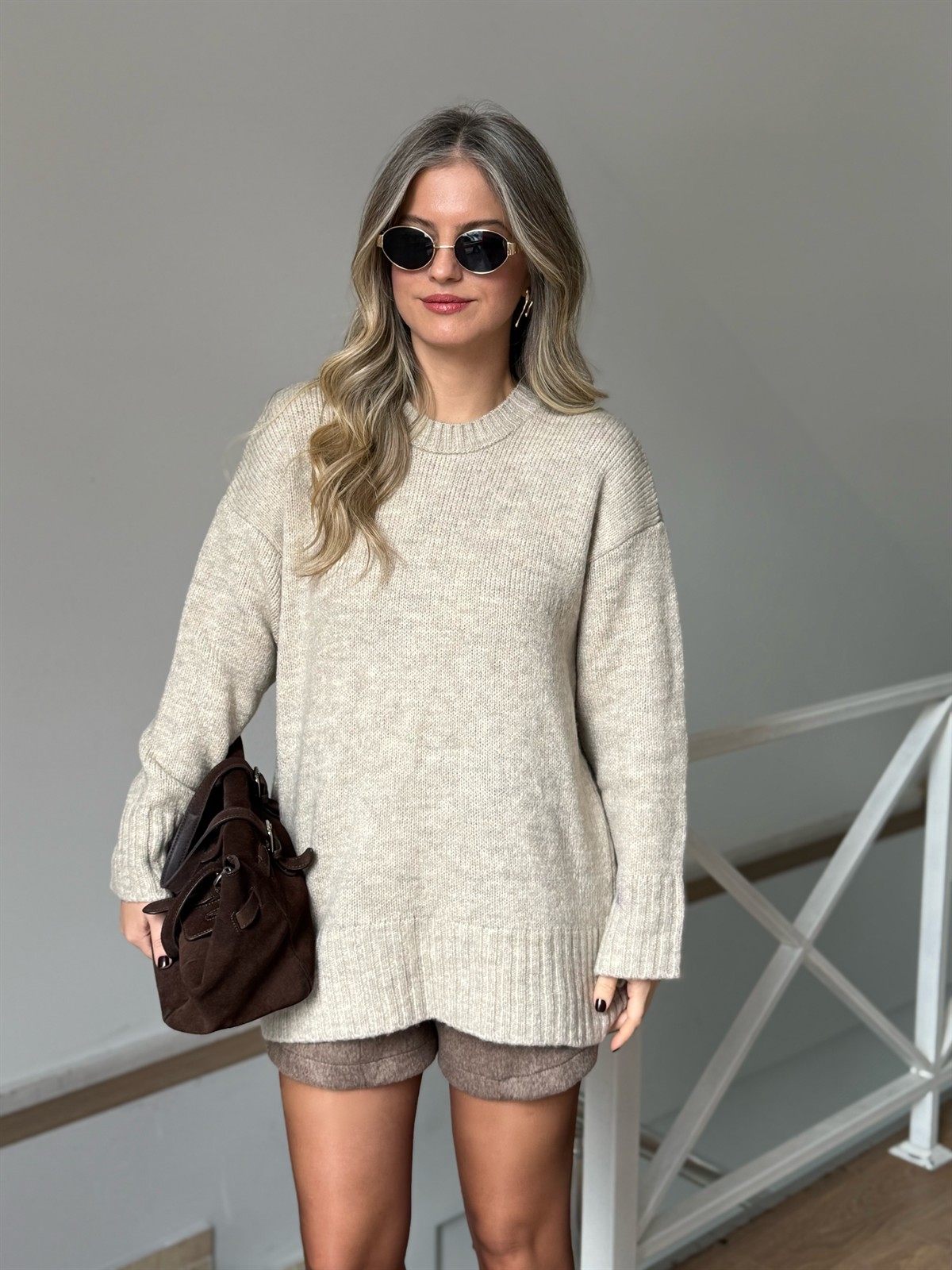 Dekoratif Yaka Oversize Kazak - Açık Bej