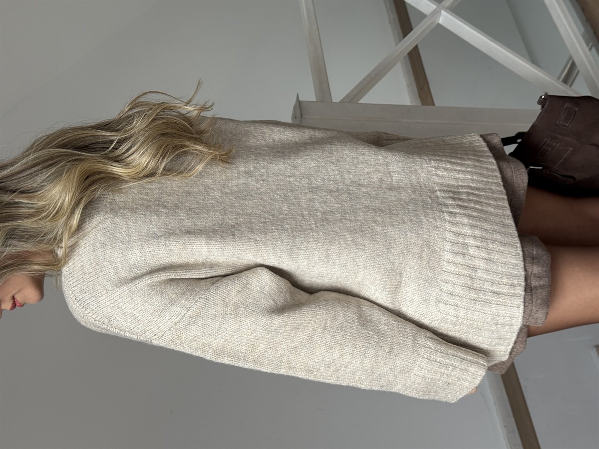 Dekoratif Yaka Oversize Kazak - Açık Bej