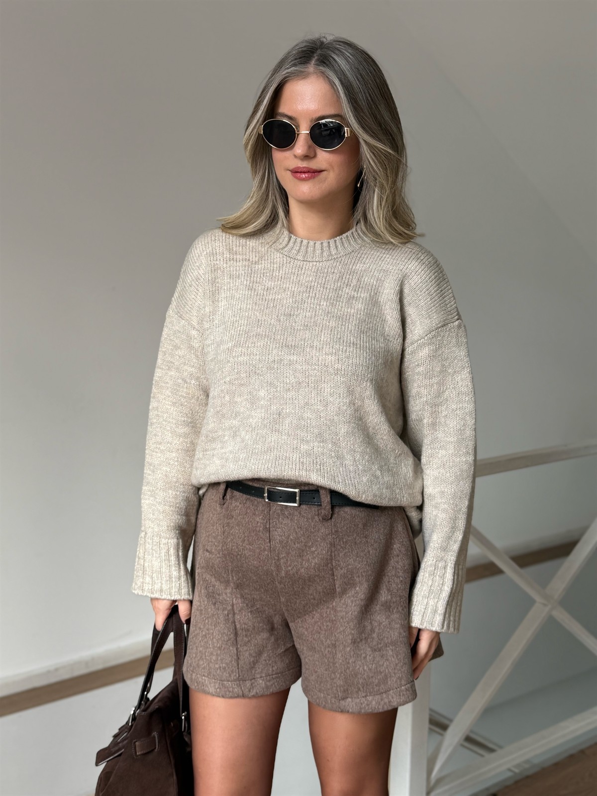 Dekoratif Yaka Oversize Kazak - Açık Bej