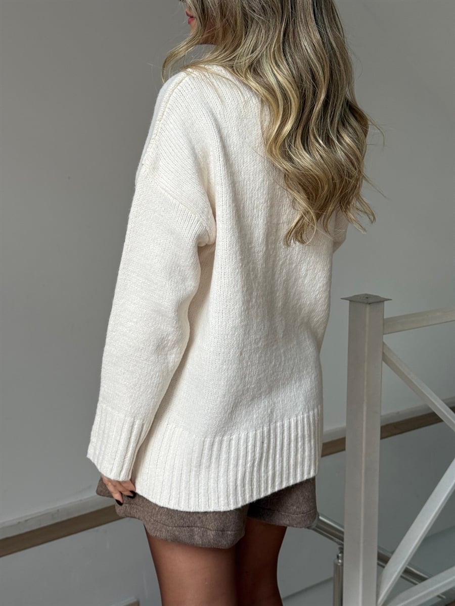 Dekoratif Yaka Oversize Kazak - Ekru