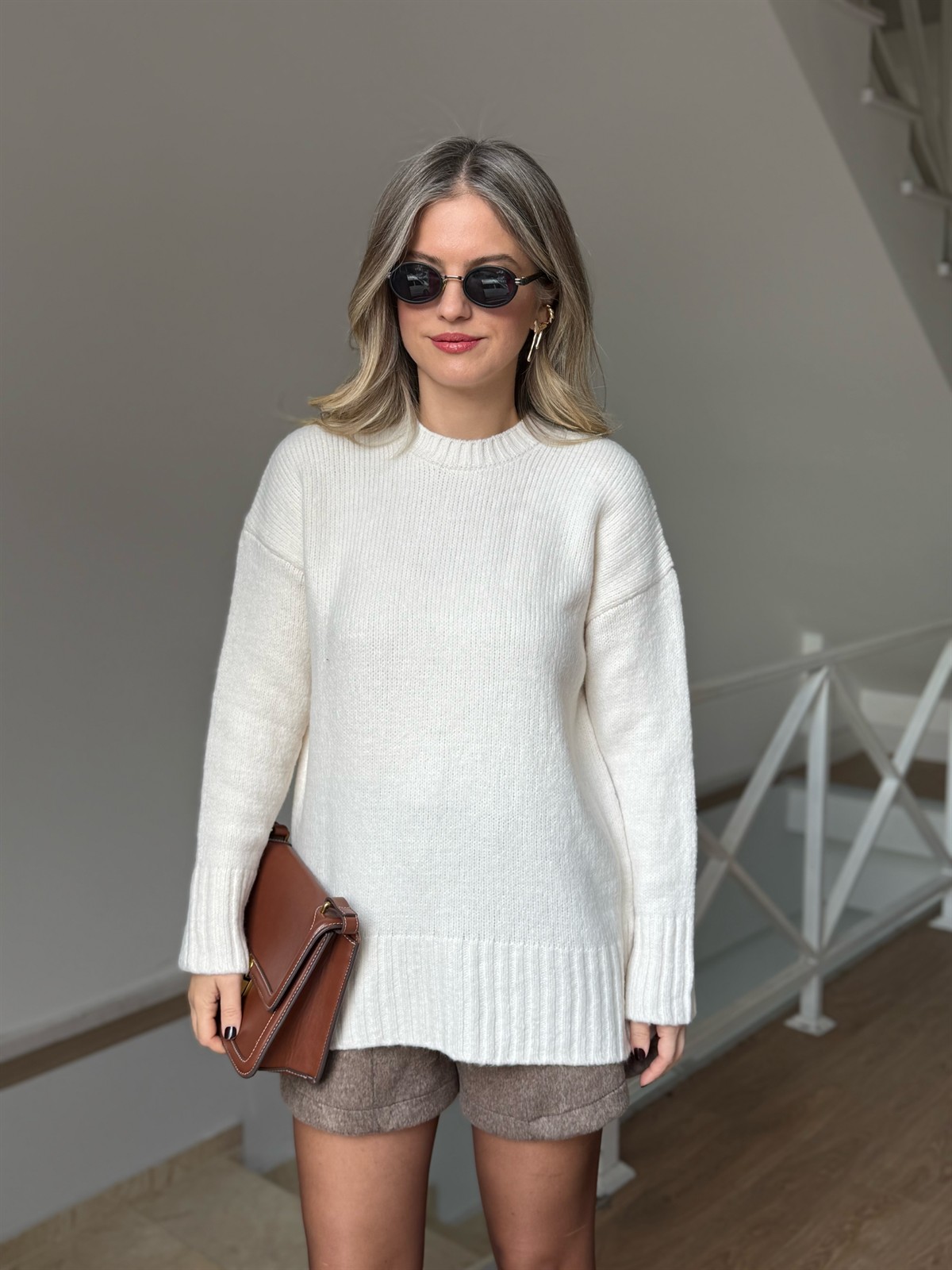 Dekoratif Yaka Oversize Kazak - Ekru