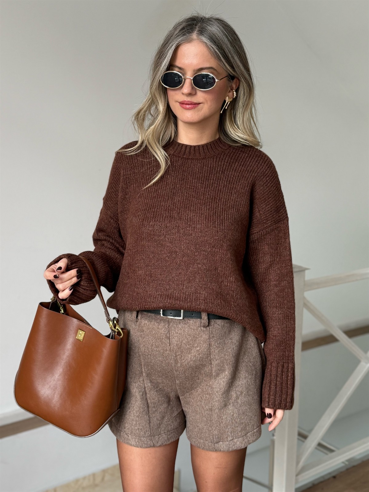 Dekoratif Yaka Oversize Kazak - Kahverengi