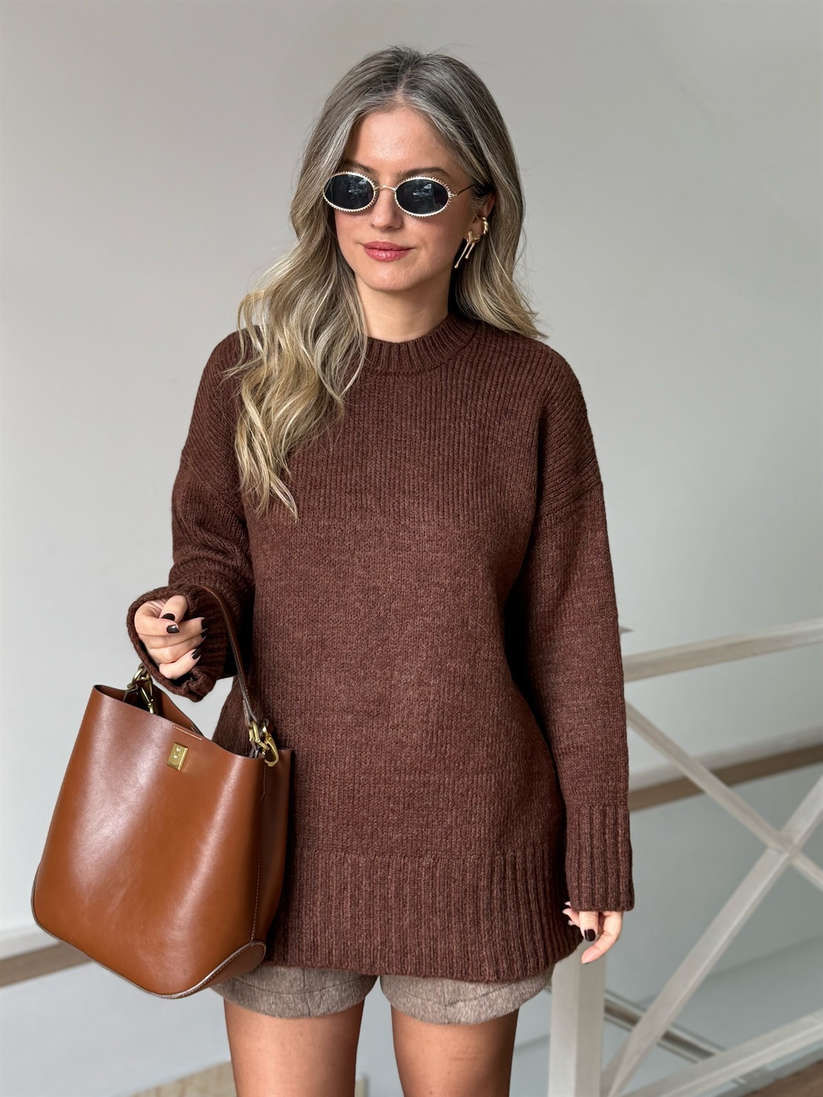 Dekoratif Yaka Oversize Kazak - Kahverengi