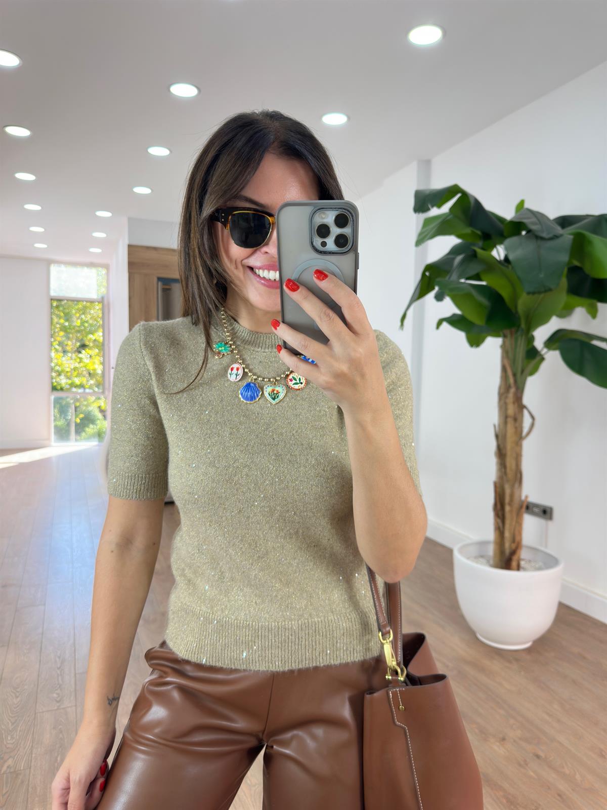 Dekoratif Yaka Simli Kısa Kollu Triko - Vizon