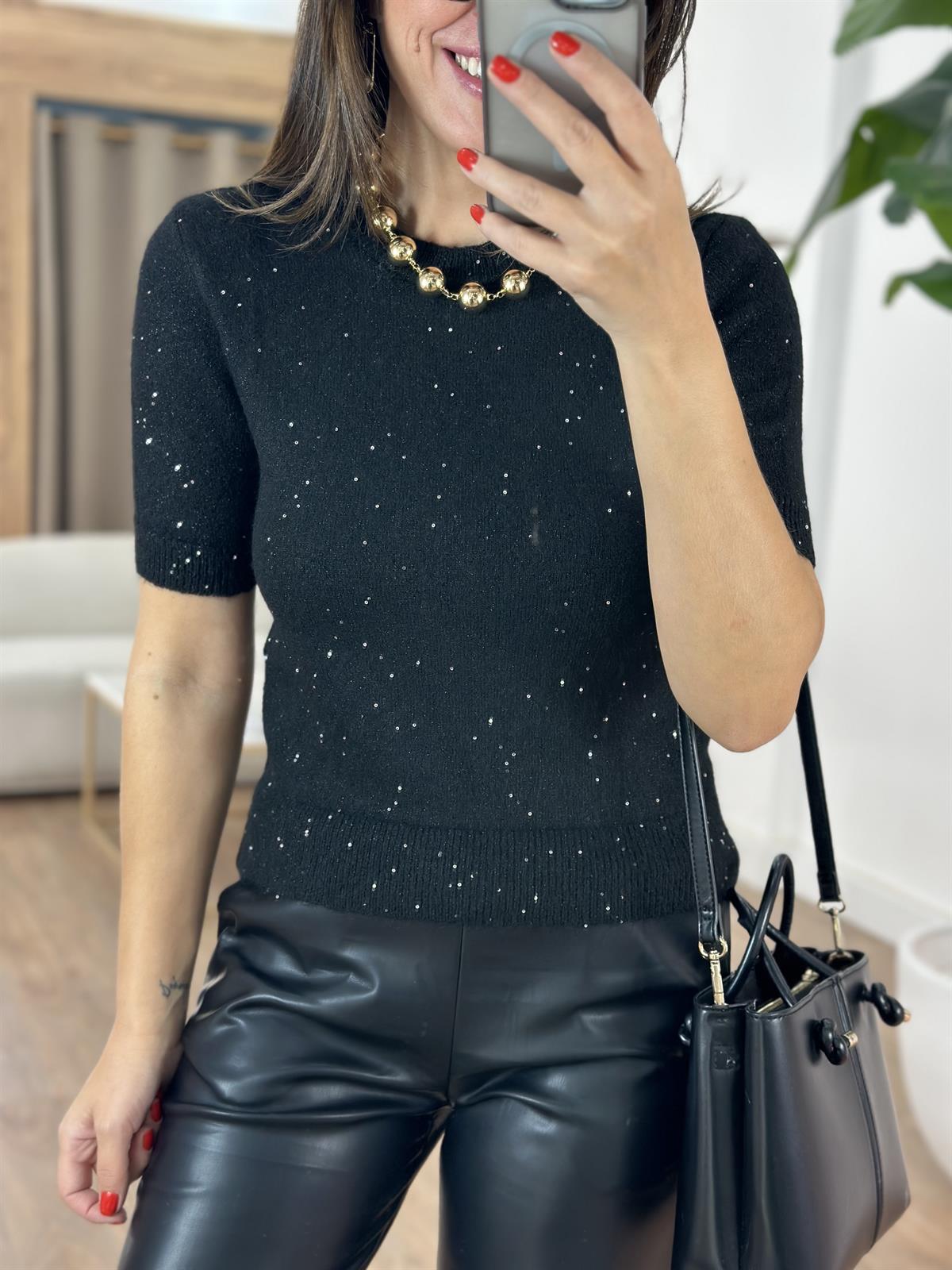 Dekoratif Yaka Simli Kısa Kollu Triko - Siyah