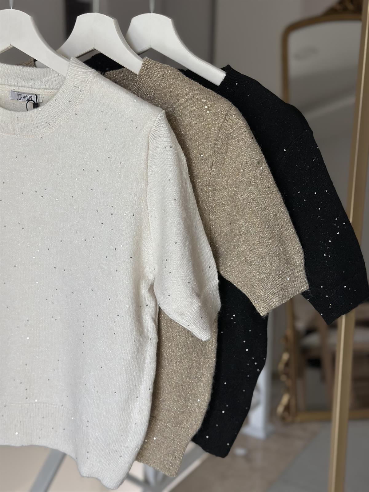 Dekoratif Yaka Simli Kısa Kollu Triko - Ekru