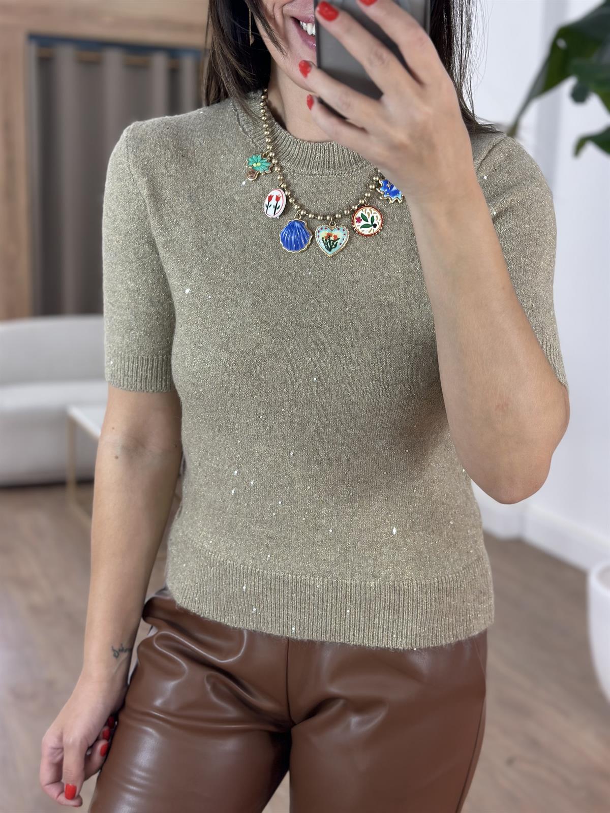 Dekoratif Yaka Simli Kısa Kollu Triko - Vizon