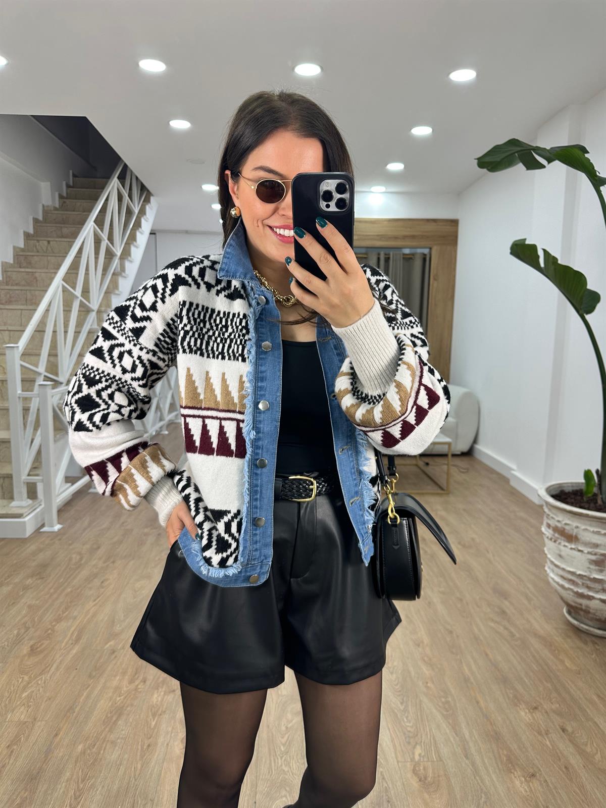 Denim Detay Etnik Desen Triko Ceket