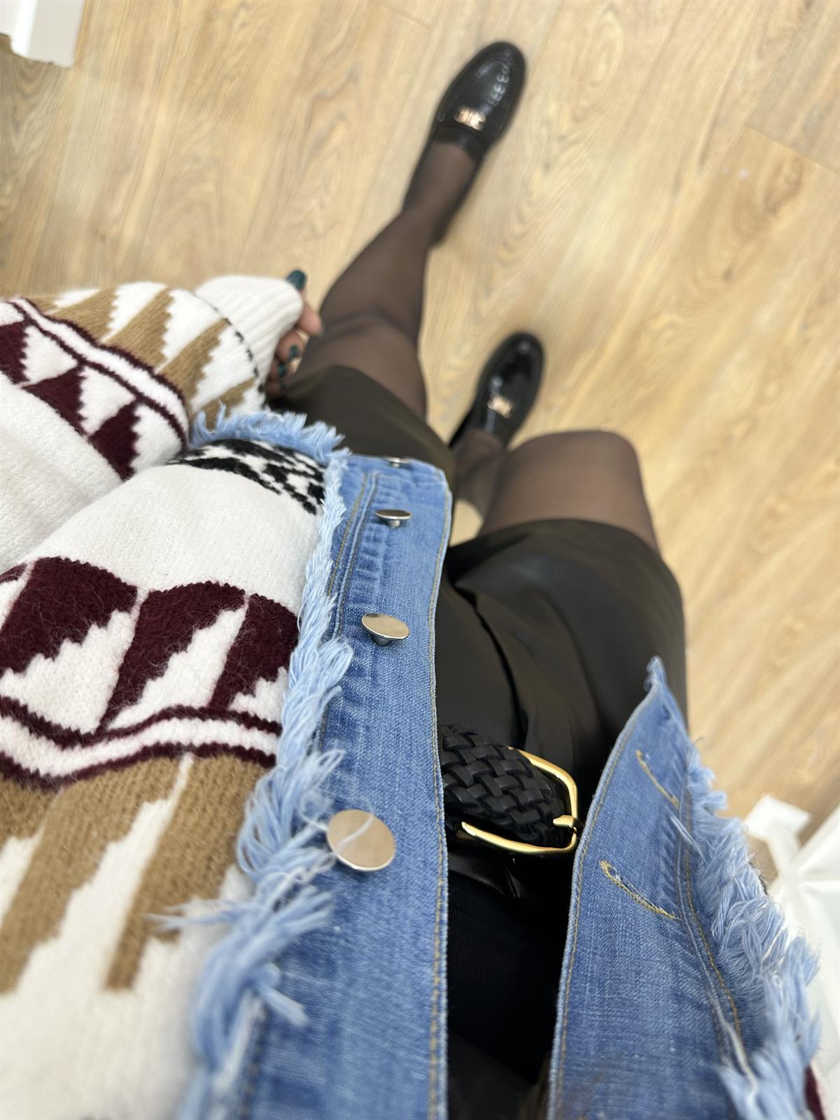 Denim Detay Etnik Desen Triko Ceket